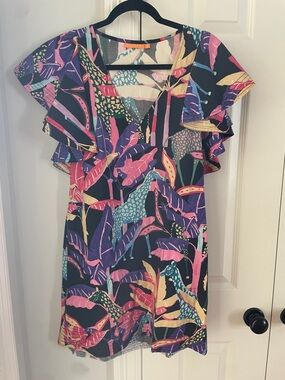 Oliphant Black Multicolor Tropical Flutter-Sleeve Mini Dress